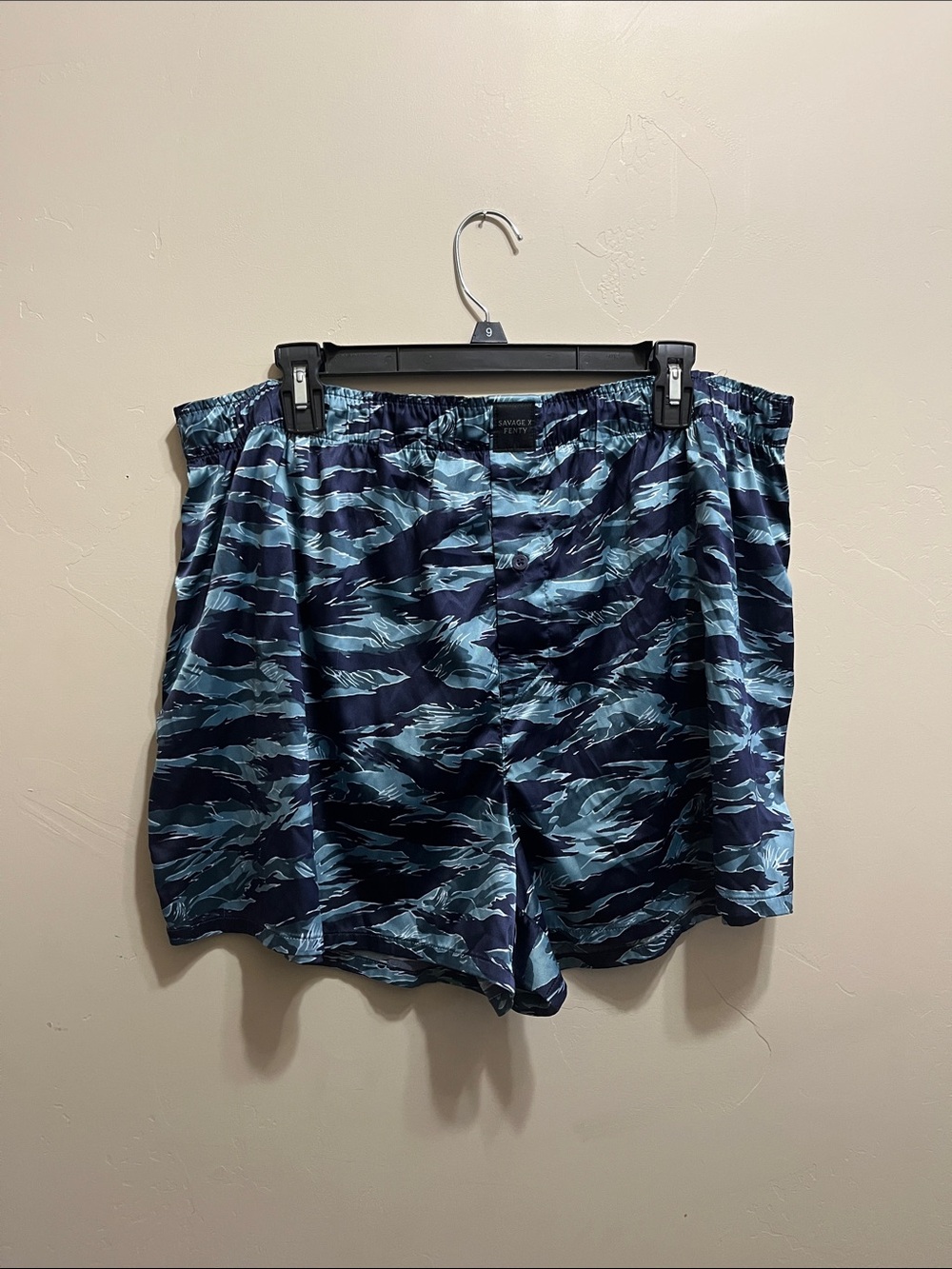 Savage X Fenty Navy and Light Blue Camouflage Satin Boxer Shorts